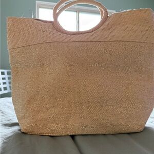 Neutral Woven Straw Tote Bag with Round Handles
